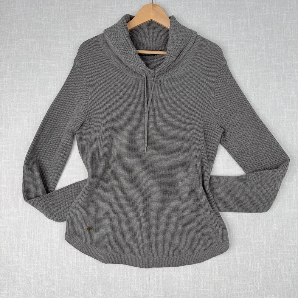Lauren Ralph Lauren Gray Cowl Neck Cotton Waffle Knit Sweater Large Drawstring